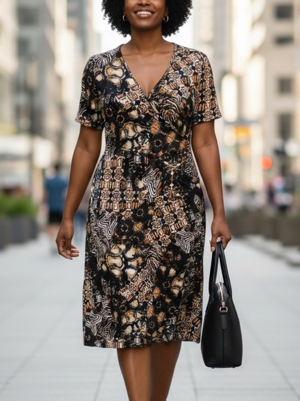 Cato 16 Dress Short Sleeve V-Neck side zip Midi Rouch Black Tan Print